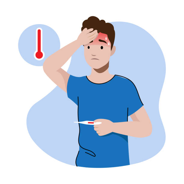 ilustrações, clipart, desenhos animados e ícones de conceito de coronavirus, infecção por gripe. o homem tem alta temperatura. o personagem mede a temperatura pelo termômetro. o garoto se sente mal, tem dor de cabeça, sintomas de vírus. desenho estilo flat. ilustração vetorial - fever