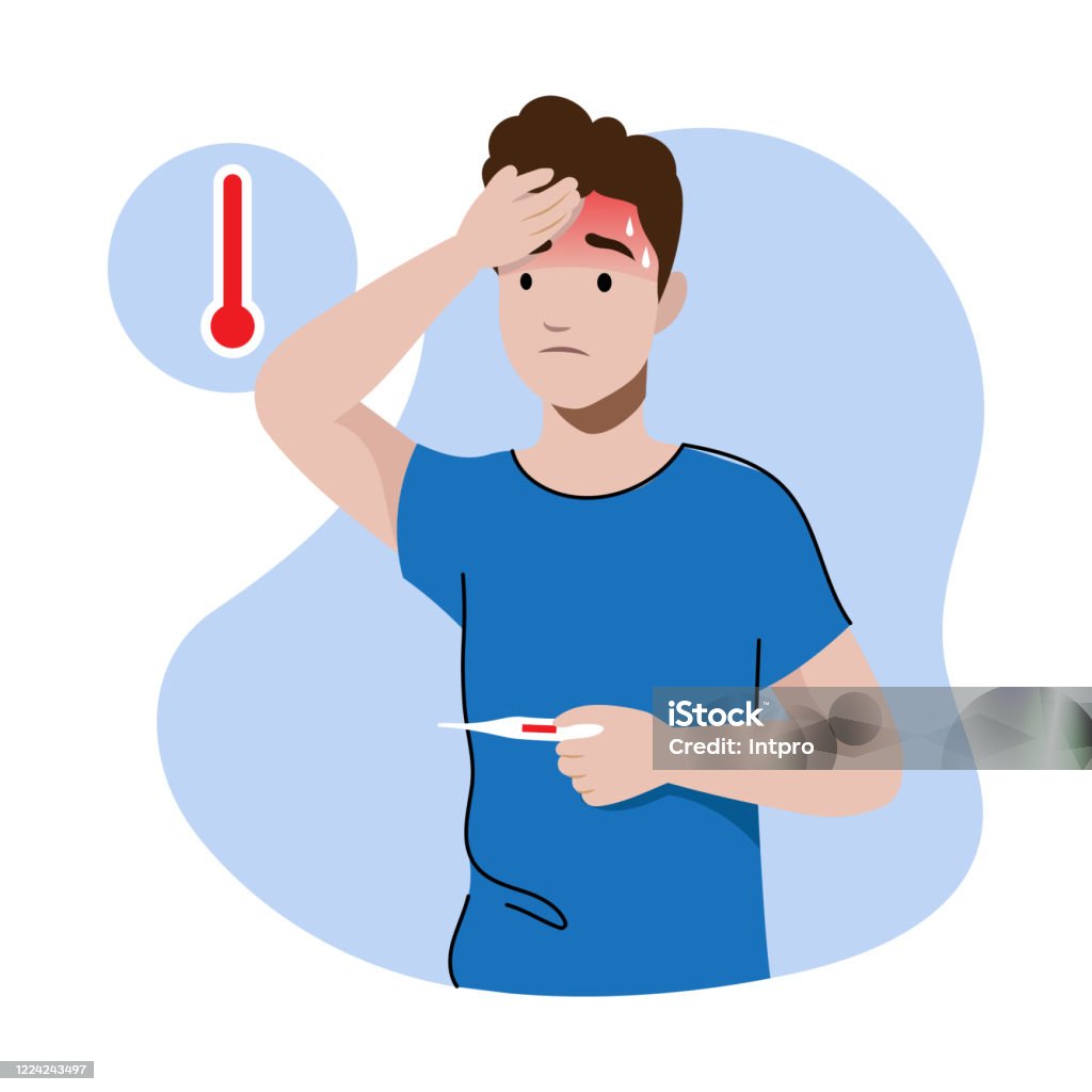 Concept Of Coronavirus Flu Infection Man Has High Temperature Character  Measures Temperature By Thermometer Boy Feels Bad Has Headache Virus  Symptoms Cartoon Flat Style Vector Illustration Stock Illustration -  Download Image Now -