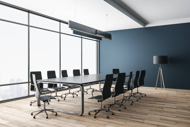 istock Modern meeting room with panoramic city view and  daylight. 1224243778