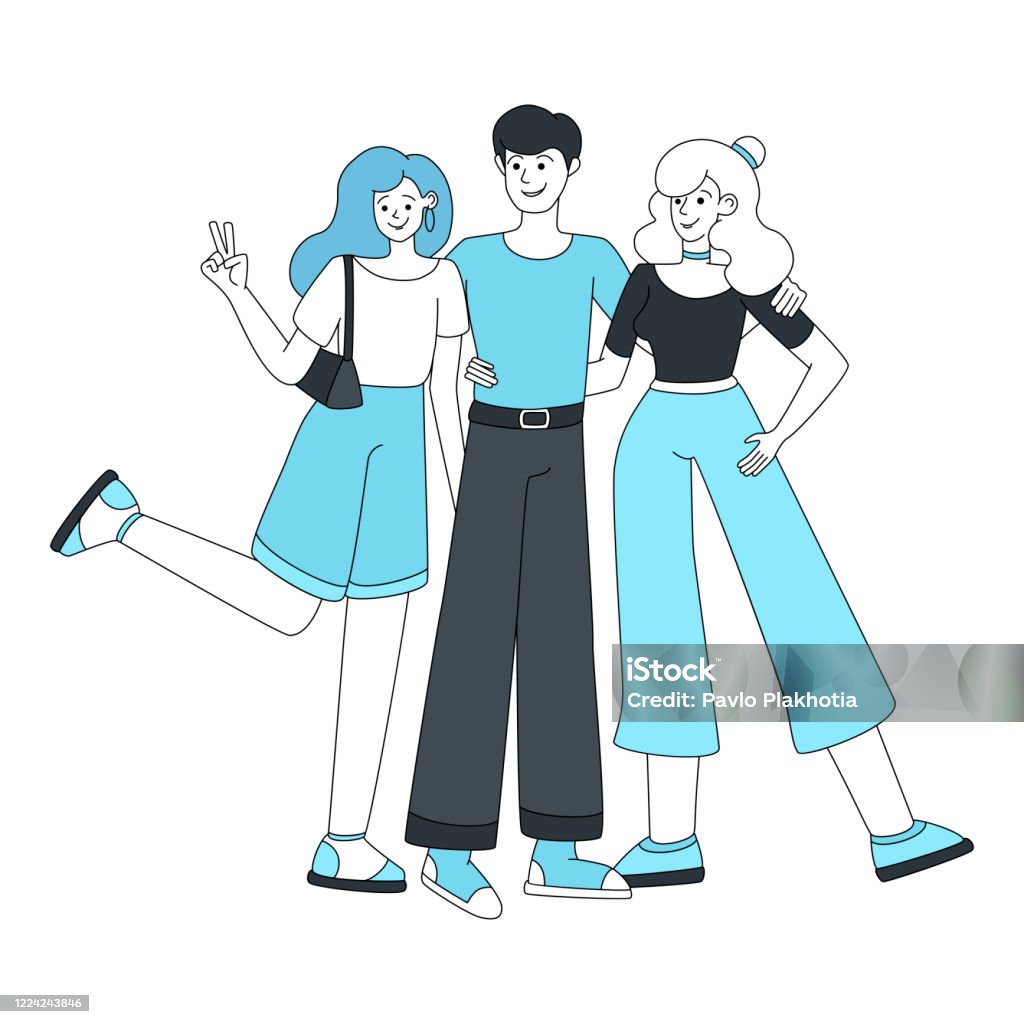 Boy And Two Girls Three Best Friends Hugging Vector Cartoon Illustration  Stock Illustration - Download Image Now - iStock