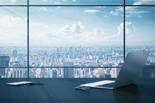 istock Modern business desktop with laptop 1224243860