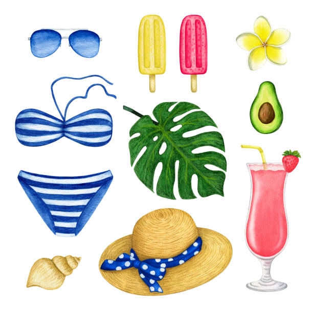 illustrations, cliparts, dessins animés et icônes de ensemble de mer d’été. aquarelle tropicale beach wear and accessoire. éléments de conception dessinés à la main isolés sur le fond blanc - party hat drink cocktail illustration and painting