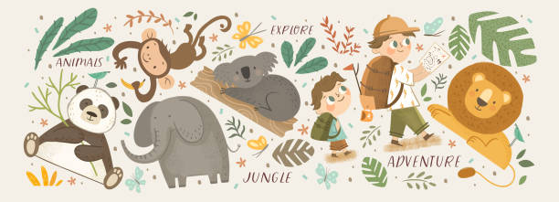 zwierzęta w dżungli i odkrywają. wektor słodkie ilustracje przygody dla dzieci, eksploracji, panda, koala, lew, słoń, żyrafa, małpa i dzieci podróżujących. - cartoon monkey animal tree stock illustrations