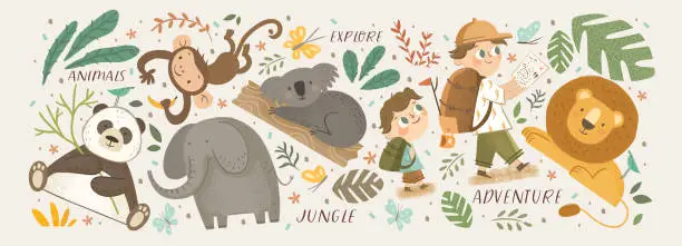 Vector illustration of Animals in the jungle and explore. Vector cute illustrations of children's adventure, explorations, panda, koala, lion, elephant, giraffe, monkey and kids travelers.