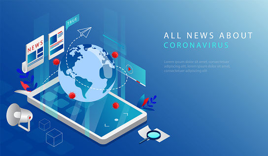 Isometric 3D Concept Of Latest Breaking News. Website Landing Page. Truthful Coronavirus And Quarantine News And Updates in the World. News Update, Online News. Web Page Cartoon Vector Illustration.