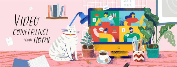 온라인 회의 및 업무를 위해 집에서 화상 회의. 컴퓨터와 사람, 고양이, 식물, 커피와 문구와 모니터와 아늑한 바탕 화면의 벡터 그림. 버너를 위한 그리기 - child domestic cat little boys pets stock illustrations