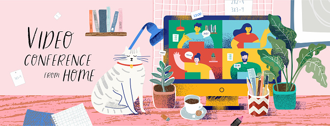 Video conference from home for online meetings and work. Vector illustration of a cozy desktop with a computer and a monitor with people, a cat, a plant, coffee and a stationery. Drawing for bunner