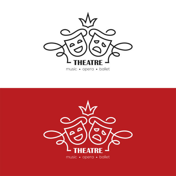 Theatre or drama school linear logo. Mono line illustration with tragedy and comedy masks. Theatre or drama school linear logo, symbol, emblem. theater mask stock illustrations