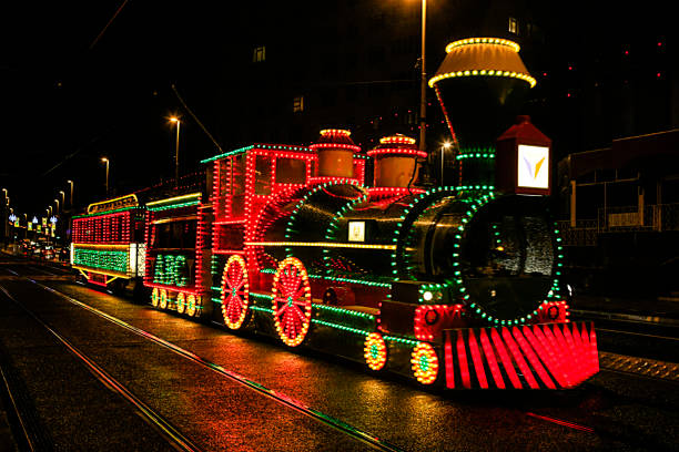 Tram illuminations to look like a steam train in Blackpool, Lancs, UK stock photo