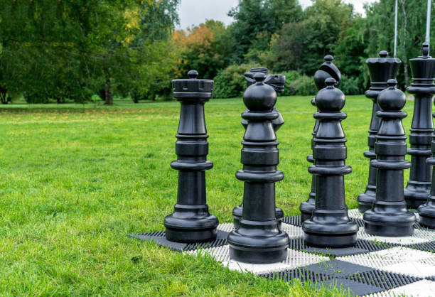 istock Giant black chess pieces on a background of nature. 1224247964