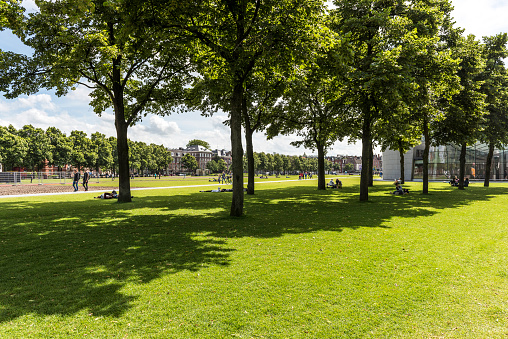 Amsterdam, Netherland - June 29, 2016: Young people sitting on the grass and they are talking in the park, Amsterdam.