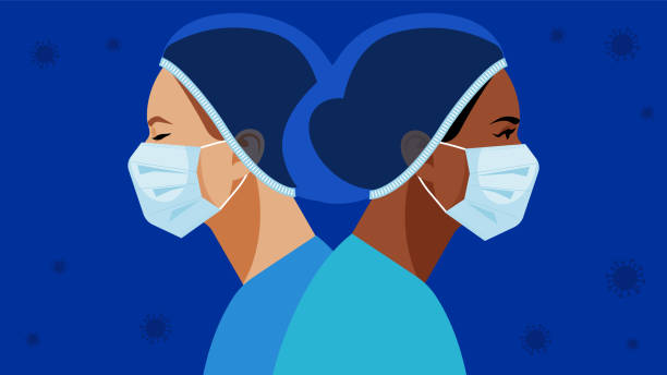 coronavirus in der welt. arzt und krankenschwester in einer medizinischen maske und hut. virus-symbol in der luft. medizinisches personal kämpft gegen eine virusinfektion. vektor-illustration einer krankenschwester in blauer uniform auf einem blauen. - chirurg stock-grafiken, -clipart, -cartoons und -symbole