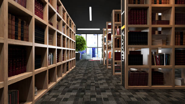 istock Modern library design with wooden bookcases 3D rendering 1224252172