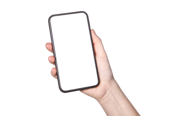istock Hispanic woman's right hand holding a cell phone upright with white background 1224254350