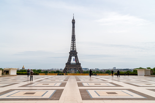 Paris, France - May 11 2020: Deserted Trocadero square with eiffel tower in backgroung on the first day of the Covid-19 Lockdown end in France.