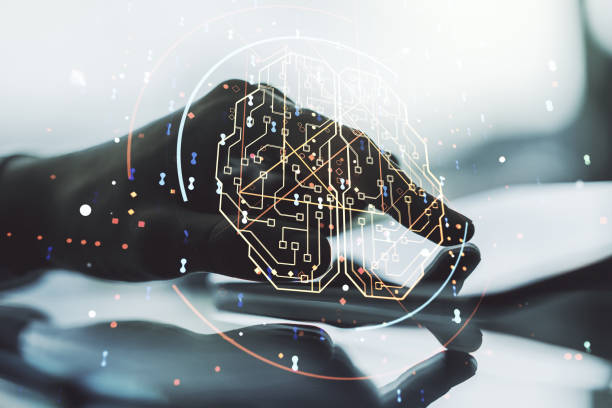 istock Creative artificial Intelligence concept with human brain hologram and finger clicks on a digital tablet on background. Multiexposure 1224259584