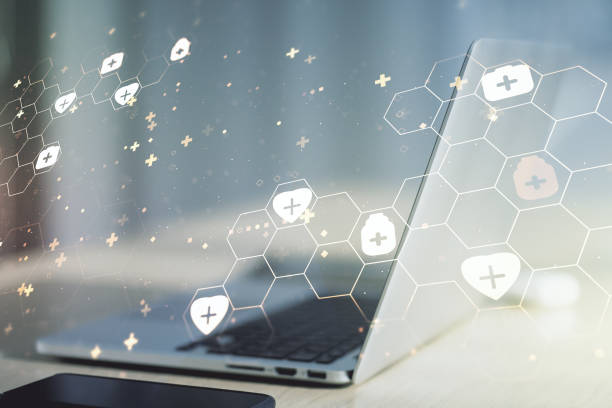 istock Creative abstract medical hologram on modern computer background, online medical consulting concept. Multiexposure 1224259876