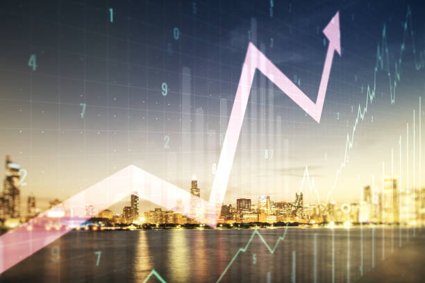 istock Multi exposure of virtual abstract financial chart and upward arrow interface on Chicago skyscrapers background, rise and breakthrough concept 1224259878