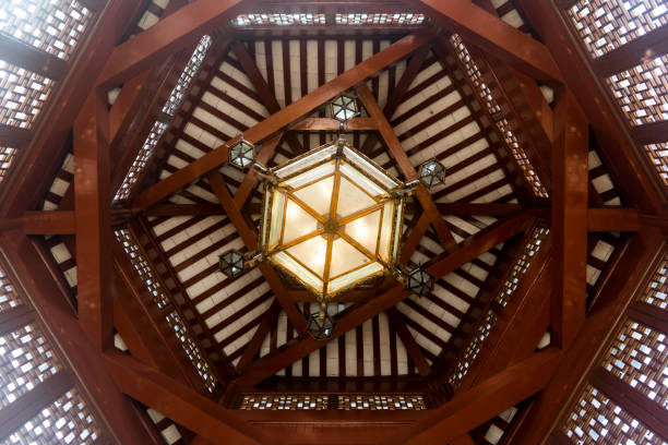 Photo of a carved temple ceiling with a lantern