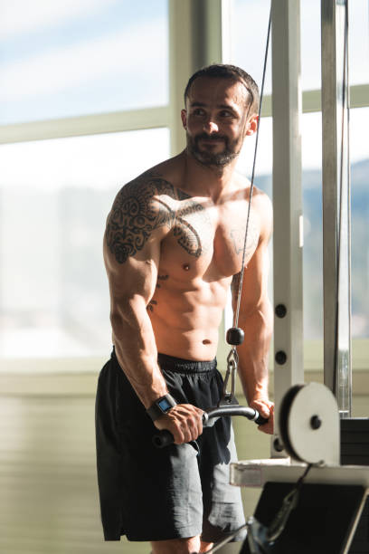 istock Muscular Man Exercising Triceps On Machine 1224263153