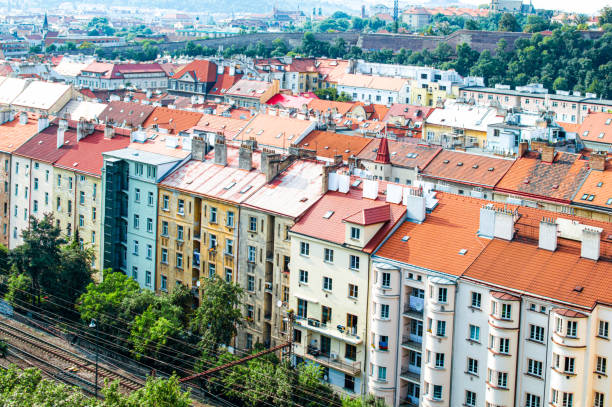 istock Ancient houses, many green trees and a railway, top view 1224263312