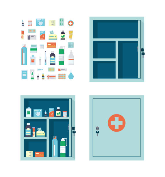 Medicine chest full of drugs, pills and bottles. Empty metal open and closed medical cabinet. Medicine chest full of drugs, pills and bottles. Empty metal open and closed medical cabinet. Medications that can be put in the first aid kit. Vector illustration in flat style on white background roll a door stock illustrations