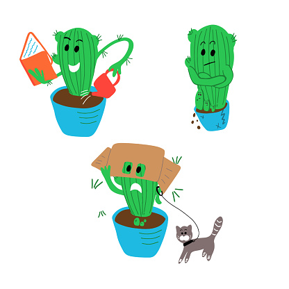 Green cactus stay home with book and watering can. Self-education, quarantine concept. Unhappy disappoint. Prickly conflictual and walking a cat. Coronavirus pandemic. Handdrawn vector set.