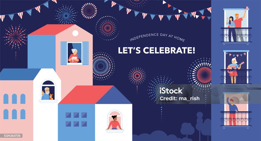 Celebration at home with neighbors. People standing on balconies, looking out of windows. Fireworks, independence day in the city. - Royalty-free Festa arte vetorial