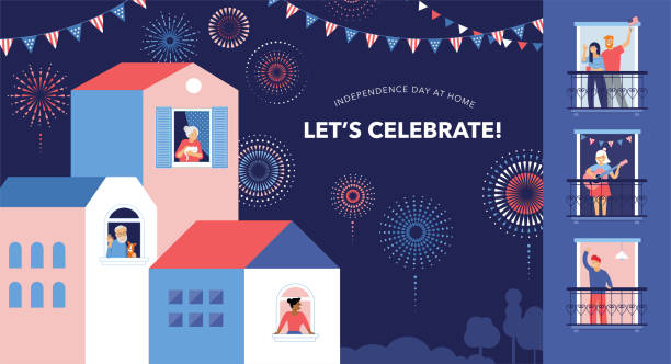 Celebration at home with neighbors. People standing on balconies, looking out of windows. Fireworks, independence day in the city. Celebration at home with neighbors. People standing on balconies, looking out of windows. Fireworks, independence day, national holidays in the city residential building illustrations stock illustrations