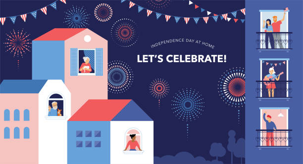 Celebration at home with neighbors. People standing on balconies, looking out of windows. Fireworks, independence day in the city. Celebration at home with neighbors. People standing on balconies, looking out of windows. Fireworks, independence day, national holidays in the city senior citizen day stock illustrations