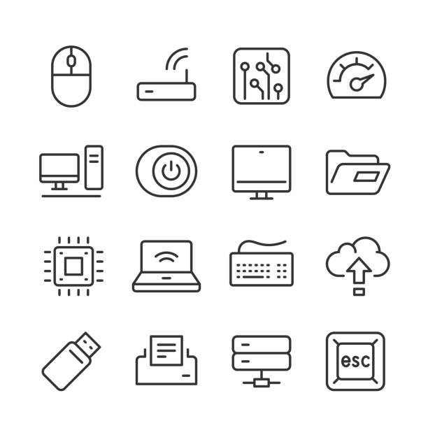 컴퓨터 기술 아이콘 — 모노라인 시리즈 - usb flash drive data symbol computer icon stock illustrations