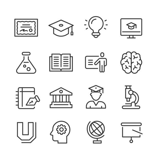 Higher Education Icons — Monoline Series Vector outline icon set appropriate for web and print applications. Designed in 48 x 48 pixel square with 2px editable stroke. Pixel perfect. technology office equipment laboratory stock illustrations