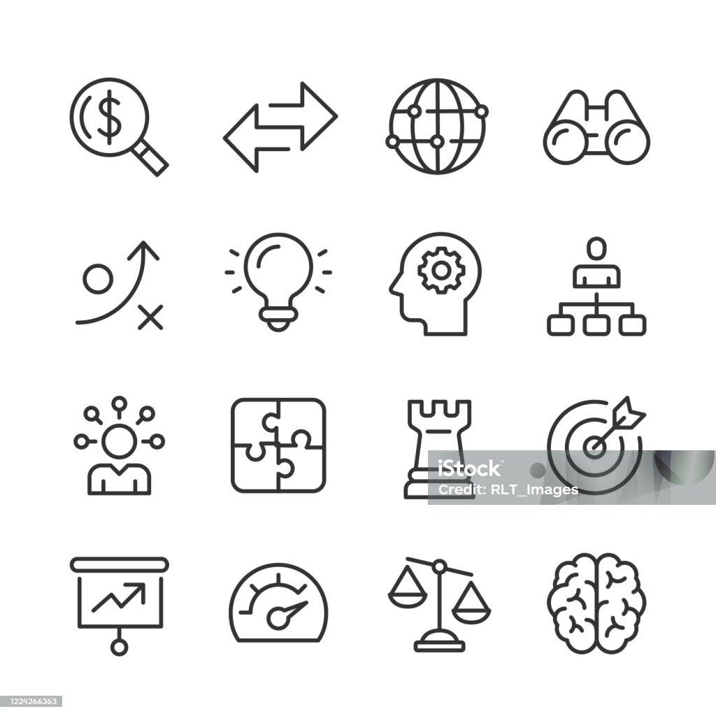 Business Strategy Icons — Monoline Series Vector outline icon set appropriate for web and print applications. Designed in 48 x 48 pixel square with 2px editable stroke. Pixel perfect. Icon stock vector