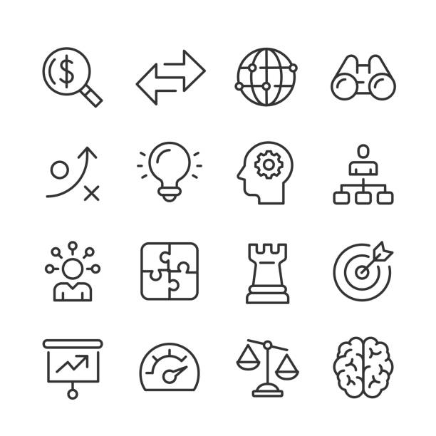 Business Strategy Icons — Monoline Series Vector outline icon set appropriate for web and print applications. Designed in 48 x 48 pixel square with 2px editable stroke. Pixel perfect. inspiration icons stock illustrations
