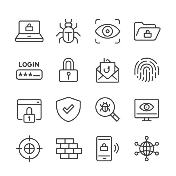 Cyber Security Icons — Monoline Series Vector outline icon set appropriate for web and print applications. Designed in 48 x 48 pixel square with 2px editable stroke. Pixel perfect. bugs stock illustrations