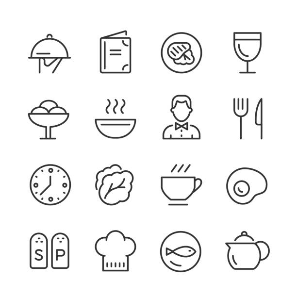 Restaurant & Dining Icons — Monoline Series Vector outline icon set appropriate for web and print applications. Designed in 48 x 48 pixel square with 2px editable stroke. Pixel perfect. fork silverware table knife fine dining stock illustrations