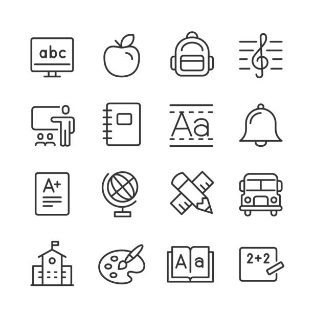 Elementary Education Icons — Monoline Series Vector outline icon set appropriate for web and print applications. Designed in 48 x 48 pixel square with 2px editable stroke. Pixel perfect. test results stock illustrations