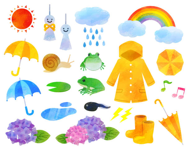 ilustraciones, imágenes clip art, dibujos animados e iconos de stock de conjunto de ilustraciones de la temporada de lluvias - colors color image rainbow umbrella