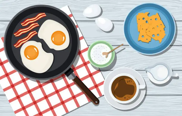 Vector illustration of Tasty breakfast on a wooden table in vector. Omelet with bacon, cheese and coffee.