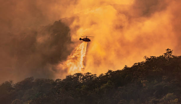 hubschrauber wirft wasser auf waldbrand - wildfire smoke stock-fotos und bilder