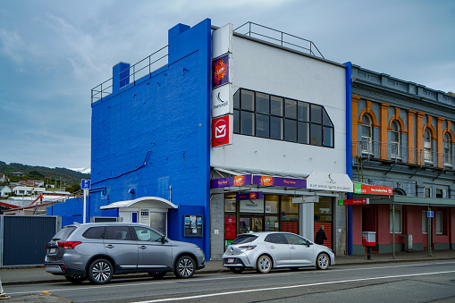 Bluff Service Center &  Library, Post Office at State Highway 1, Core Stree. \nThe townscape of Bluff, Southernmost Town of New Zealand.