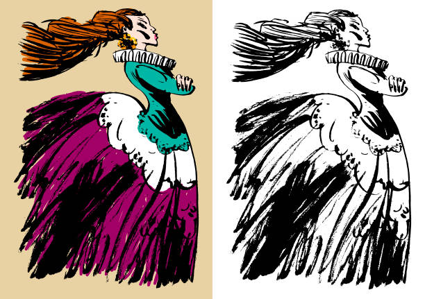 девушка в платье с кринолином и с кружевом. черно-белая иллюстрация, идеально подходит для использования в публикациях, упаковке, плакатах,  - baroque style costume corset women stock illustrations