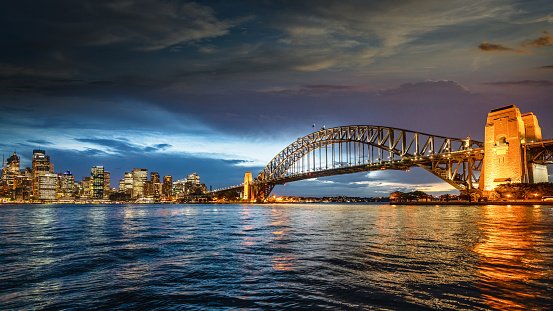 Panorama View to illuminated Sydney Harbor Bridge at under dramatic moody twilight after sunset. Sydney, New South Wales, Australia