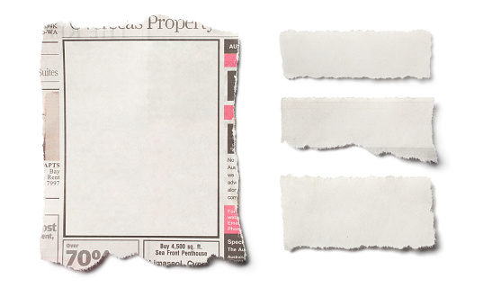 Front View of Assorted Torn Pieces of Newspaper on White Background.