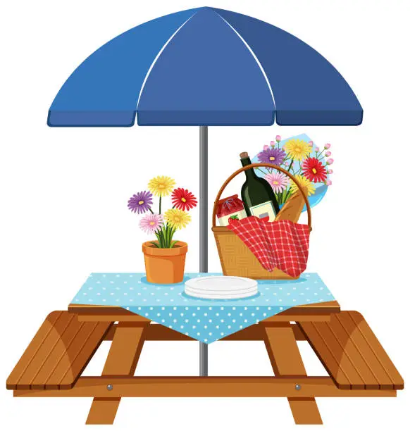 Vector illustration of Picnic table with food and drink on the table