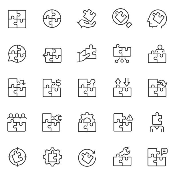illustrazioni stock, clip art, cartoni animati e icone di tendenza di set di icone del puzzle - puzzle