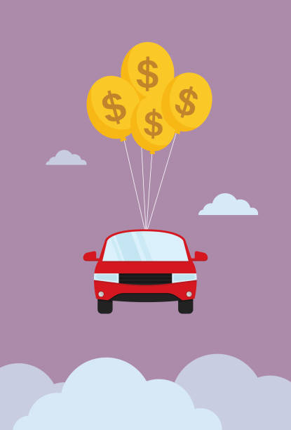 illustrations, cliparts, dessins animés et icônes de flottement de voiture dans le ciel par le ballon de symbole de dollar - middle class illustrations