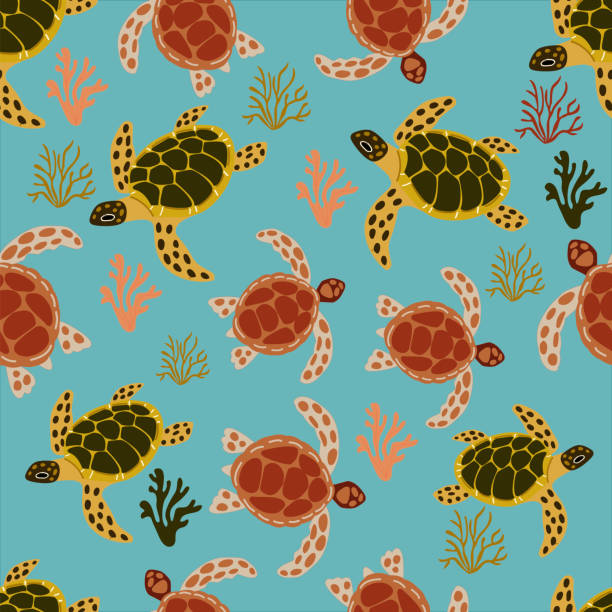 istock Seamless pattern with turtles and sea corals, on a blue background, in cartoon style. For the design of textiles, wrapping paper, prints for covers of notebooks, phones 1224292103