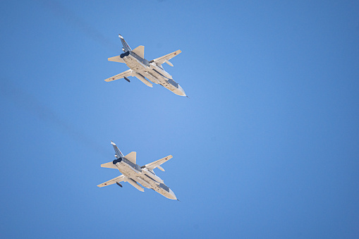 Russia, Khabarovsk - May 9, 2020: Su-24M2 upgraded front-line bomber with variable geometry wing Parade in honor of victory. Military air parade in honor of Victory Day.