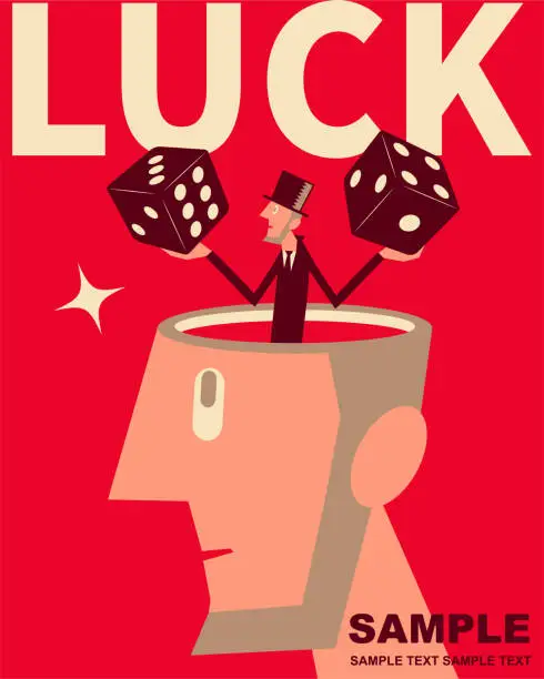 Vector illustration of Small businessman, coming from the giant man's head, ready to roll a dice to help make decision